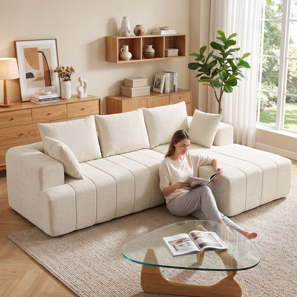 Canapé d'angle 256 cm avec méridienne, canapé-lit 3 places en chenille forme de L, assise et accoudoirs larges, beige-9