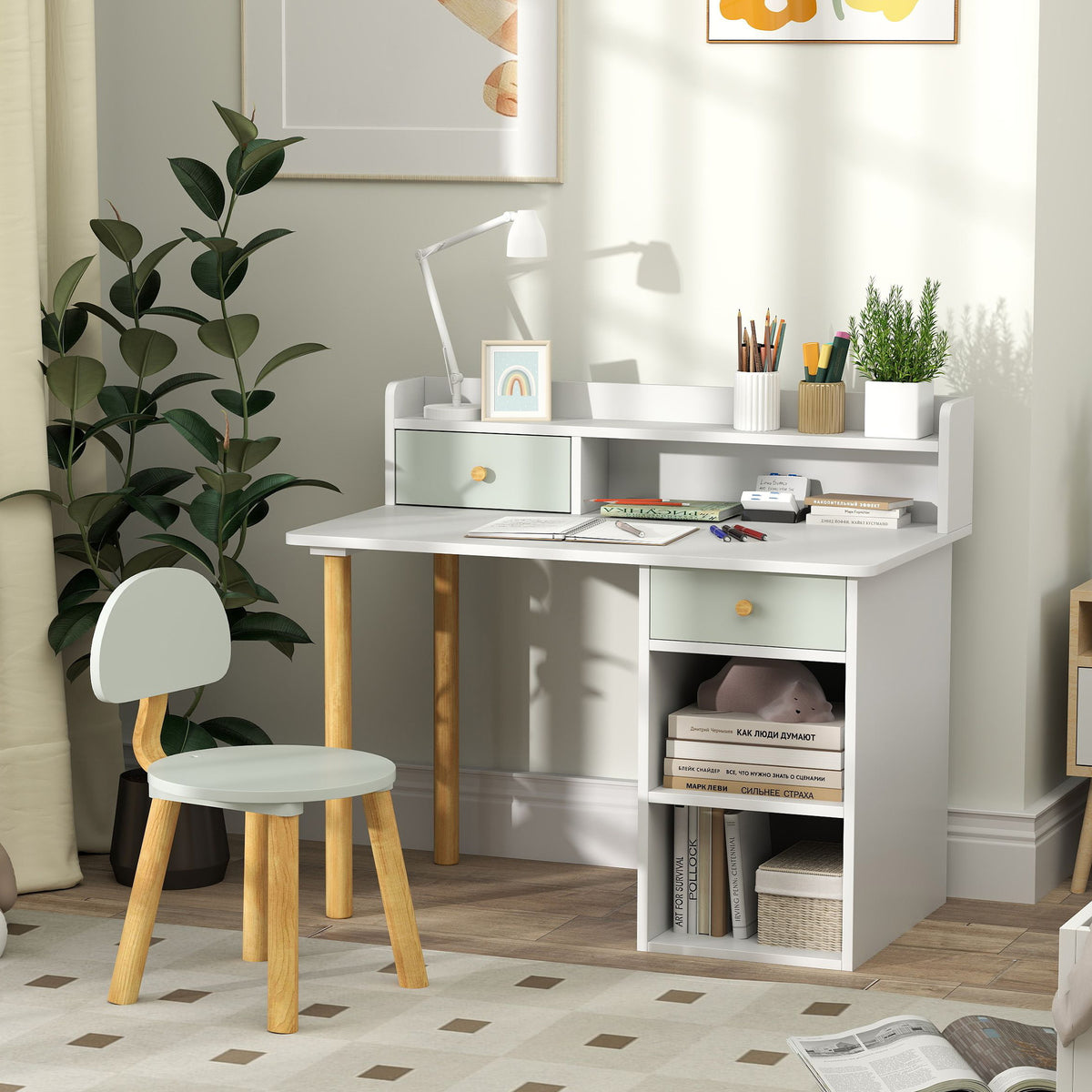 Bureau enfant avec chaise, table enfant et chaise avec 2 tiroirs et étagères ouvertes, 85 x 48 x 73 cm, vert-9