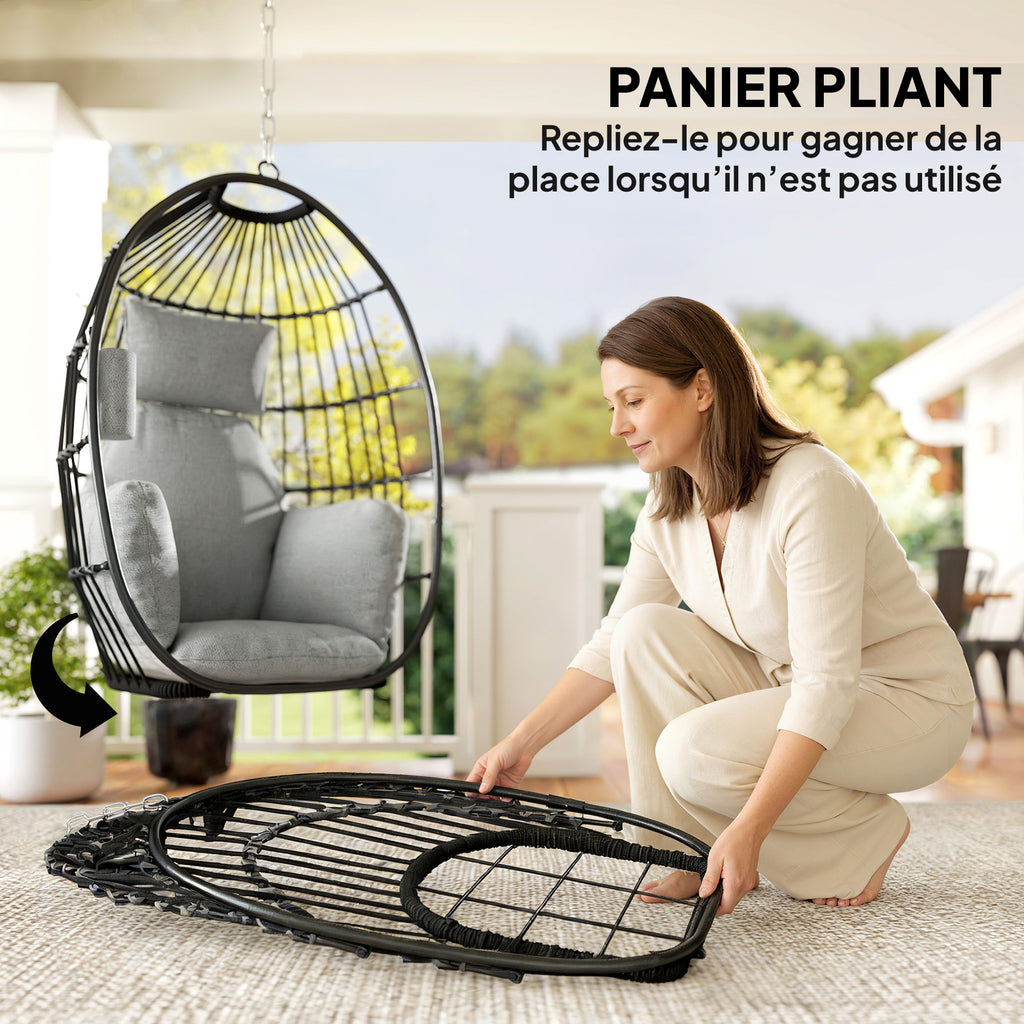 Fauteuil suspendu, fauteuil œuf suspendu, panier pliable, coussins rembourrés, porte-gobelet, oreiller, gris foncé-4