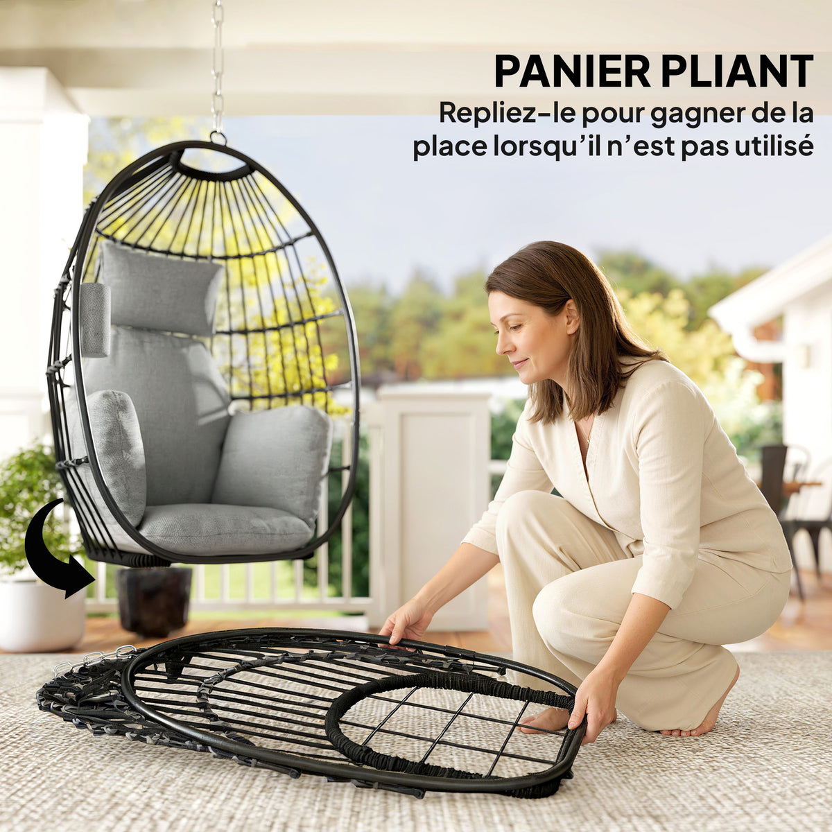 Fauteuil suspendu, fauteuil œuf suspendu, panier pliable, coussins rembourrés, porte-gobelet, oreiller, gris foncé-4