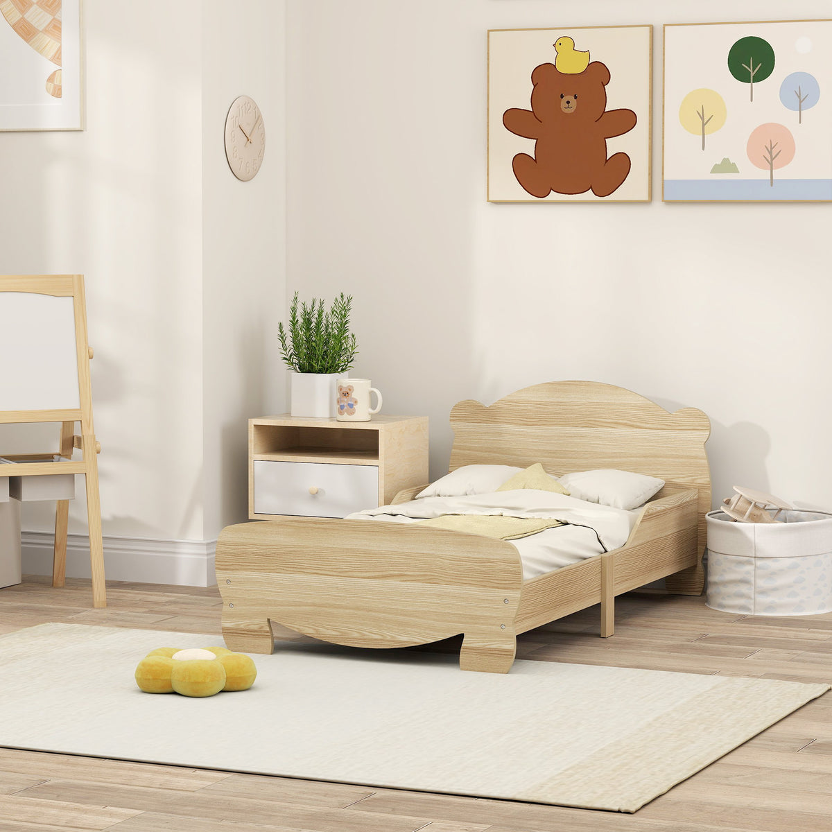 Lit enfant 70x140 cm avec barrières de sécurité thème d'ours pour garçons, filles, âgés de 3 à 6 ans, bois naturel-7