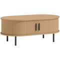 Table basse ovale en bois, table de salon moderne avec portes coulissantes et rangement caché, 100x55x40cm, bois naturel-0
