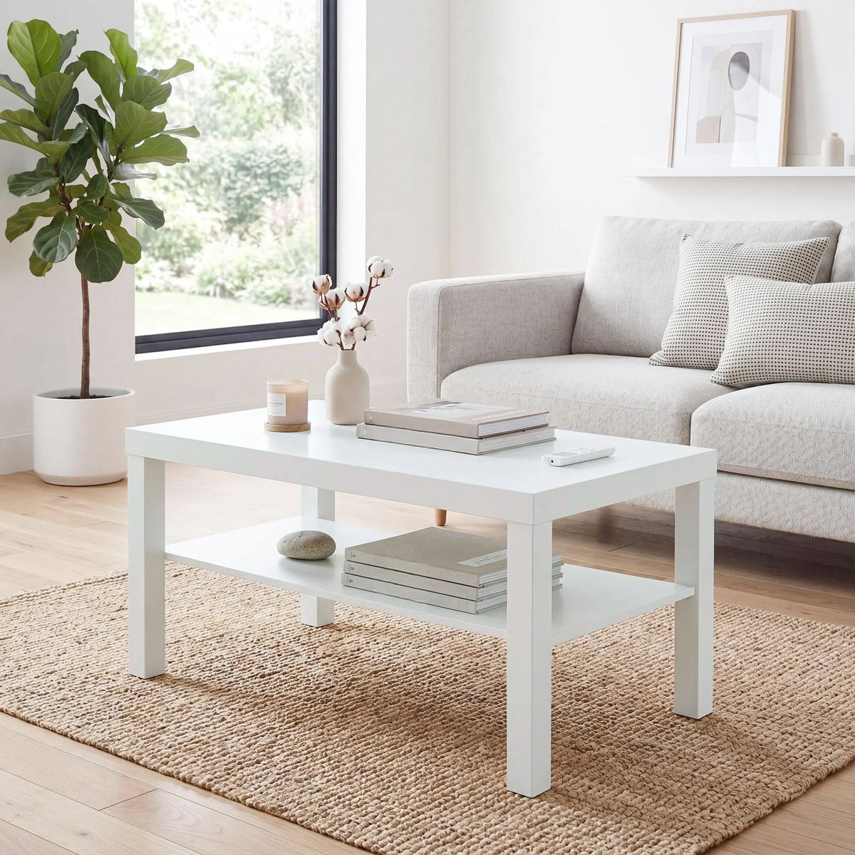 Table basse de salon, table d'appoint rectangulaire à 2 niveaux avec étagère de rangement, 90x45x44,5cm, blanc-7