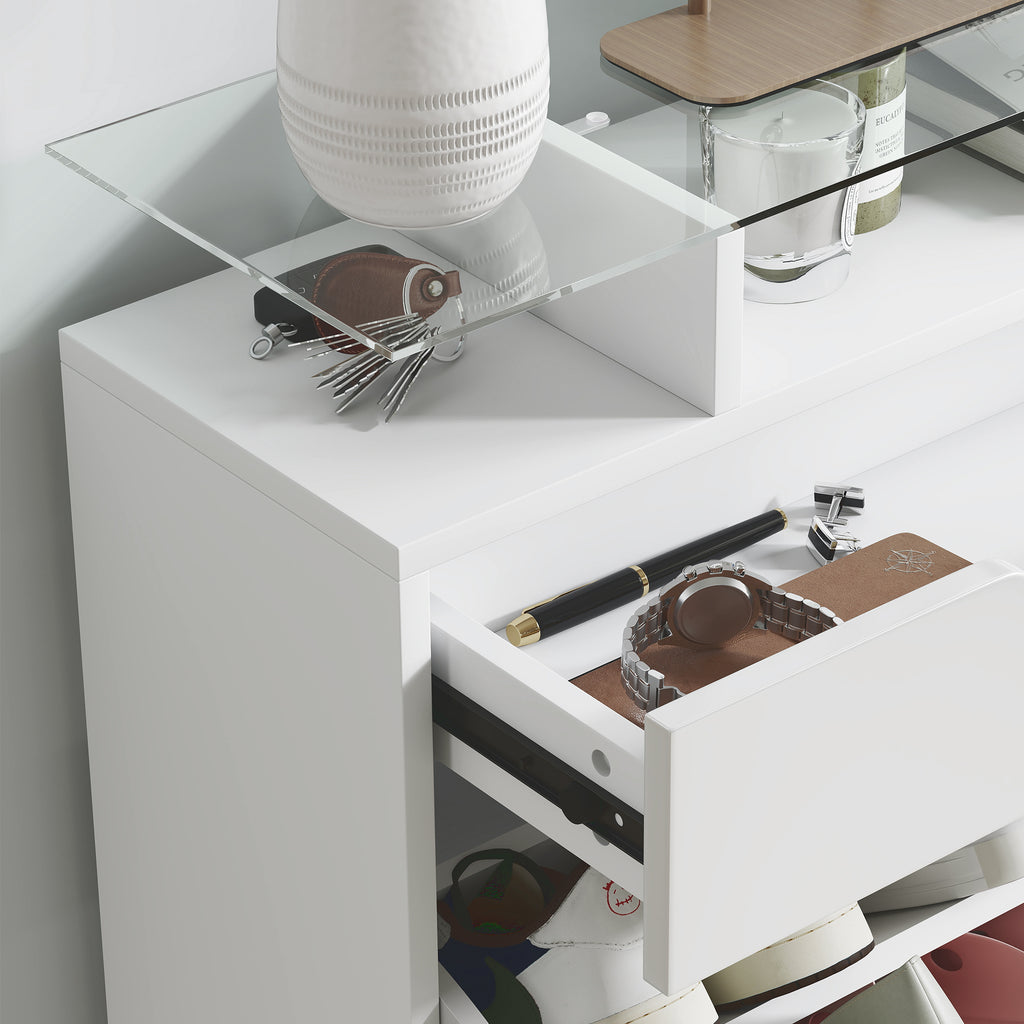 Armoire à Chaussures avec 2 Tiroirs Rabattables + 1 Tiroir Coulissant + 1 Comptoir et 1 Plateau en Verre blanc-8