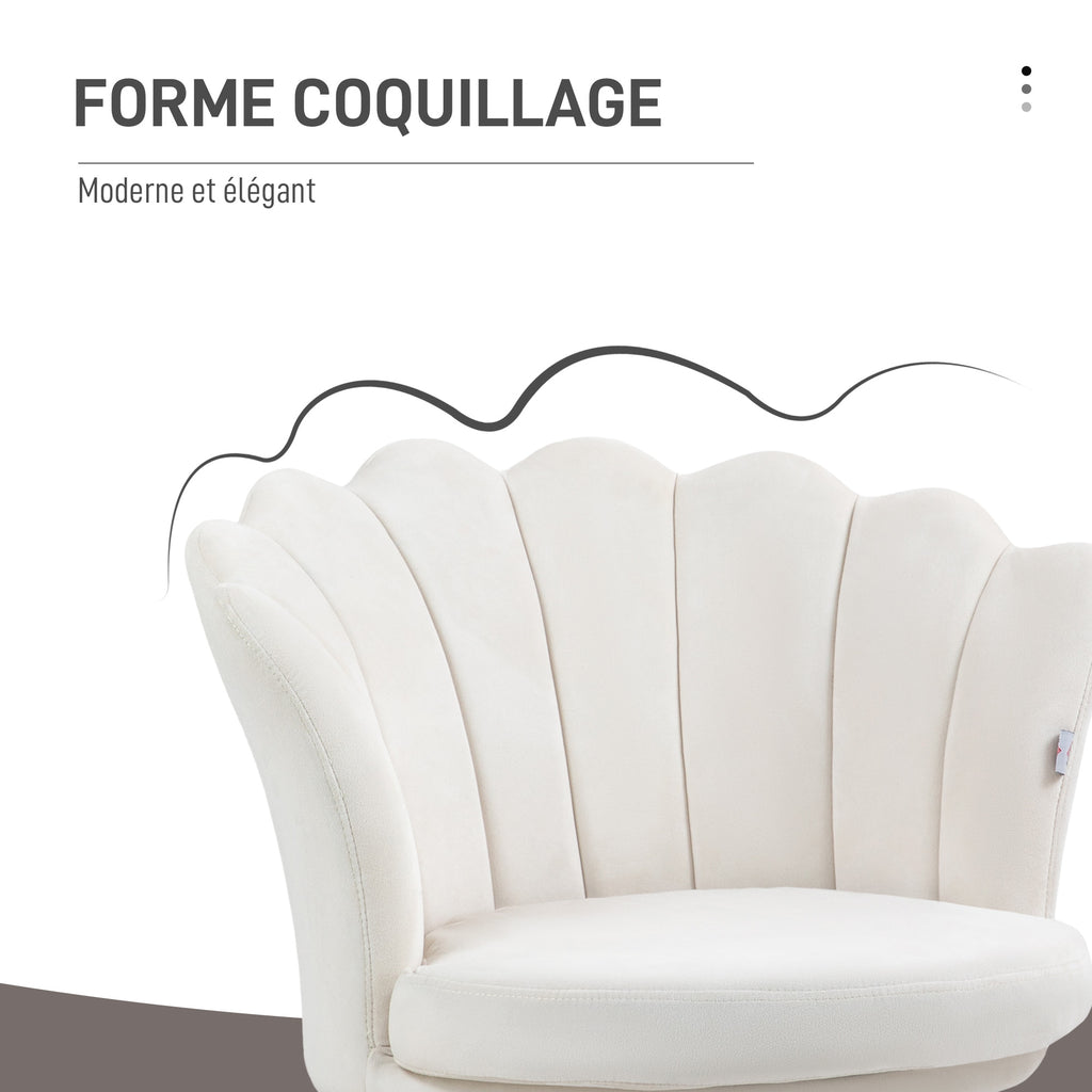 Fauteuil coquillage chaise coiffeuse fauteuil en velours fauteuil de salon avec pieds en métal doré crème-4