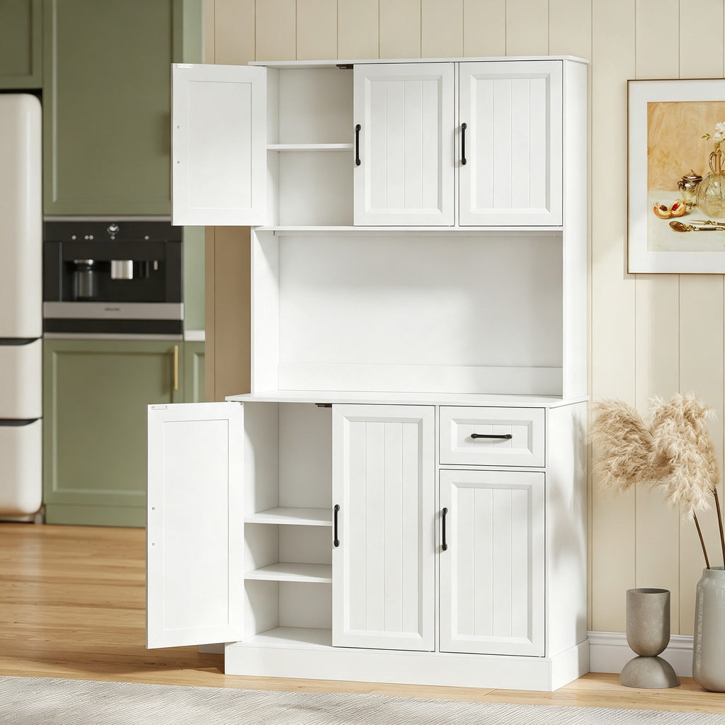Buffet Haut Cuisine Moderne, 6 Portes, 1 tiroir, 1 Compartiment Ouvert, Étagères Réglables, 100 x 39,5 x 180,5 cm, Blanc-1