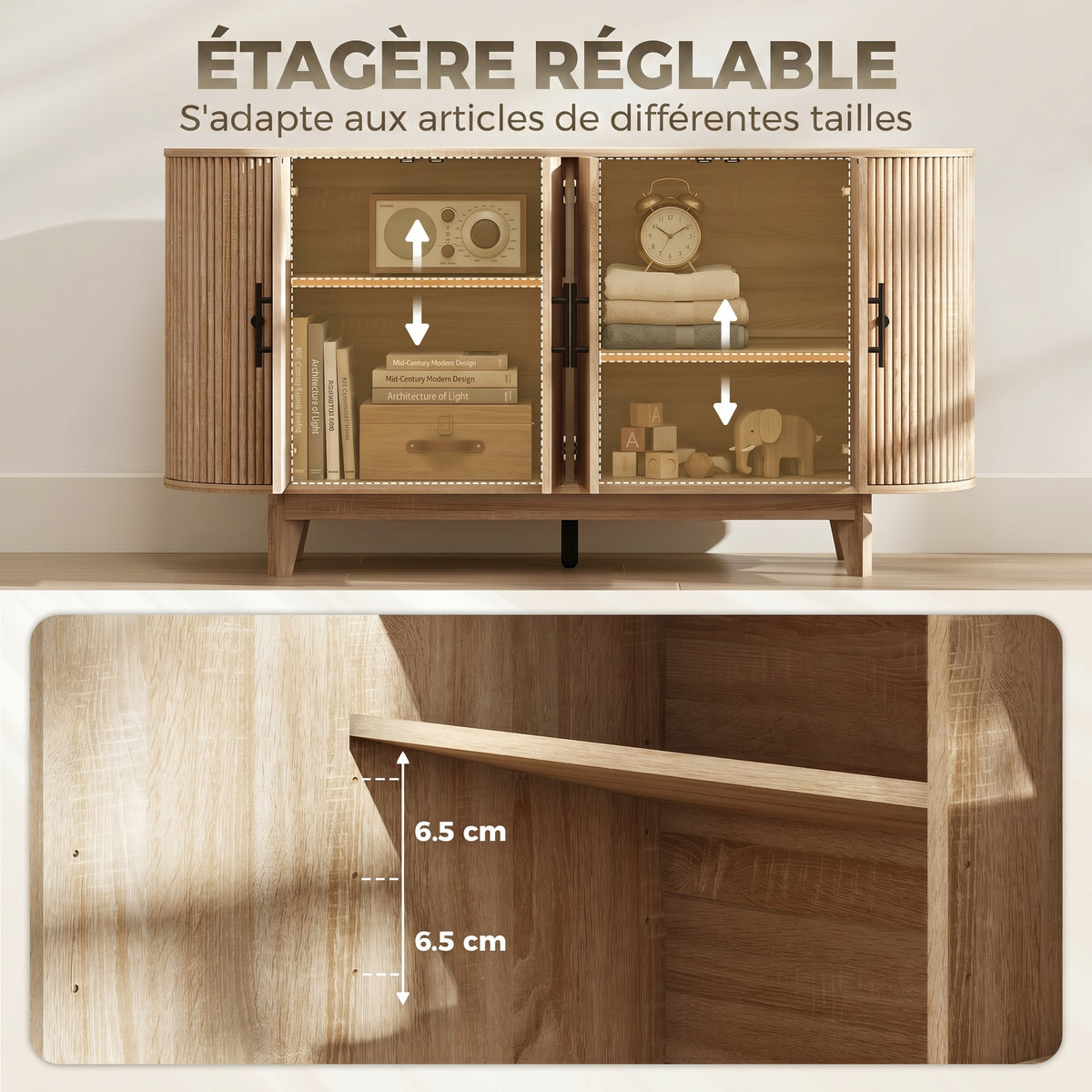 Buffet salon, meuble de rangement ovale avec 6 portes et 2 étagères réglables, 147x40x76cm, chêne-5