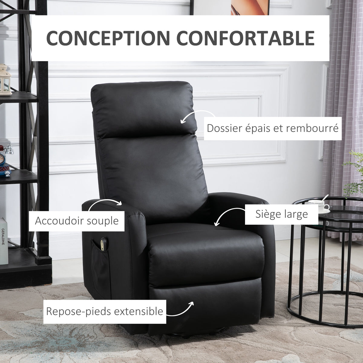 Fauteuil releveur électrique inclinable avec repose-pied ajustable et télécommande revêtement synthétique noir-3