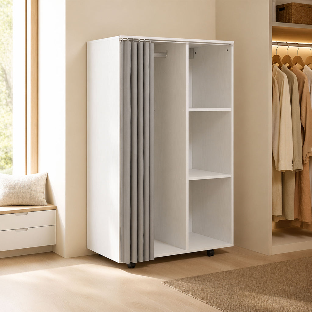 Armoire penderie vêtement dressing mobile 4 roulettes avec tringle à vêtements et étagères ouvertes, blanc-1
