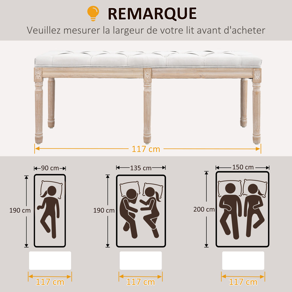 Banc bout de lit banquette capitonnée style vintage français revêtement tissu aspect lin pieds en bois massif crème-6