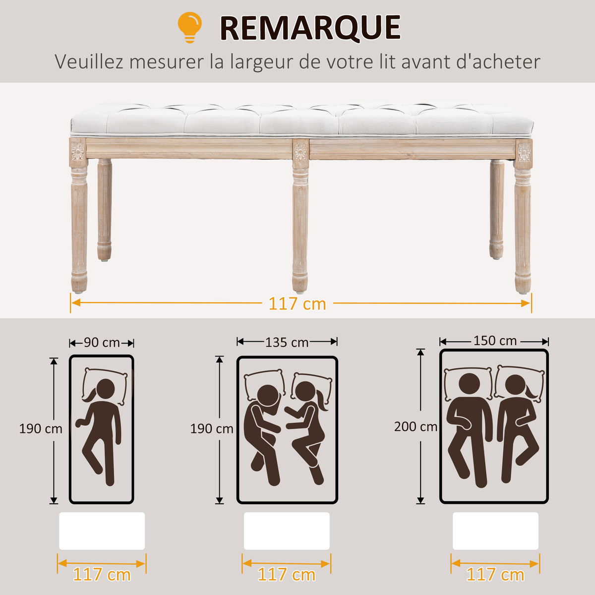 Banc bout de lit banquette capitonnée style vintage français revêtement tissu aspect lin pieds en bois massif crème-6