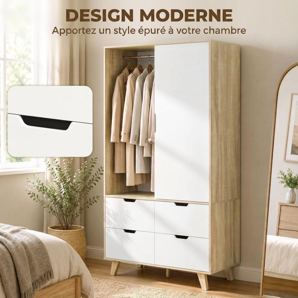 Armoire Chambre Penderie, 2 Portes Coulissantes, 4 Tiroirs, Barre de Suspension, Étagères Réglables, Chêne et Blanc-6