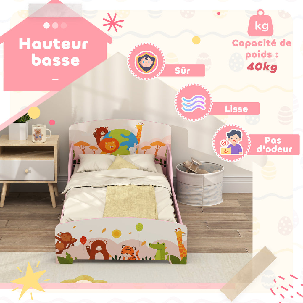 Lit Enfant 70x140 cm motif animal 140 x 70 cm avec sommier à lattes en bois design bas sécurisé rose-4