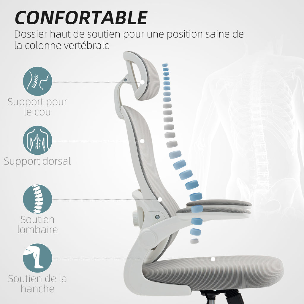 Chaise Bureau Ergonomique, Fauteuil de Bureau en Maille avec Accoudoirs Rabattables, Hauteur Réglable, 64x62x115cm, Gris-3