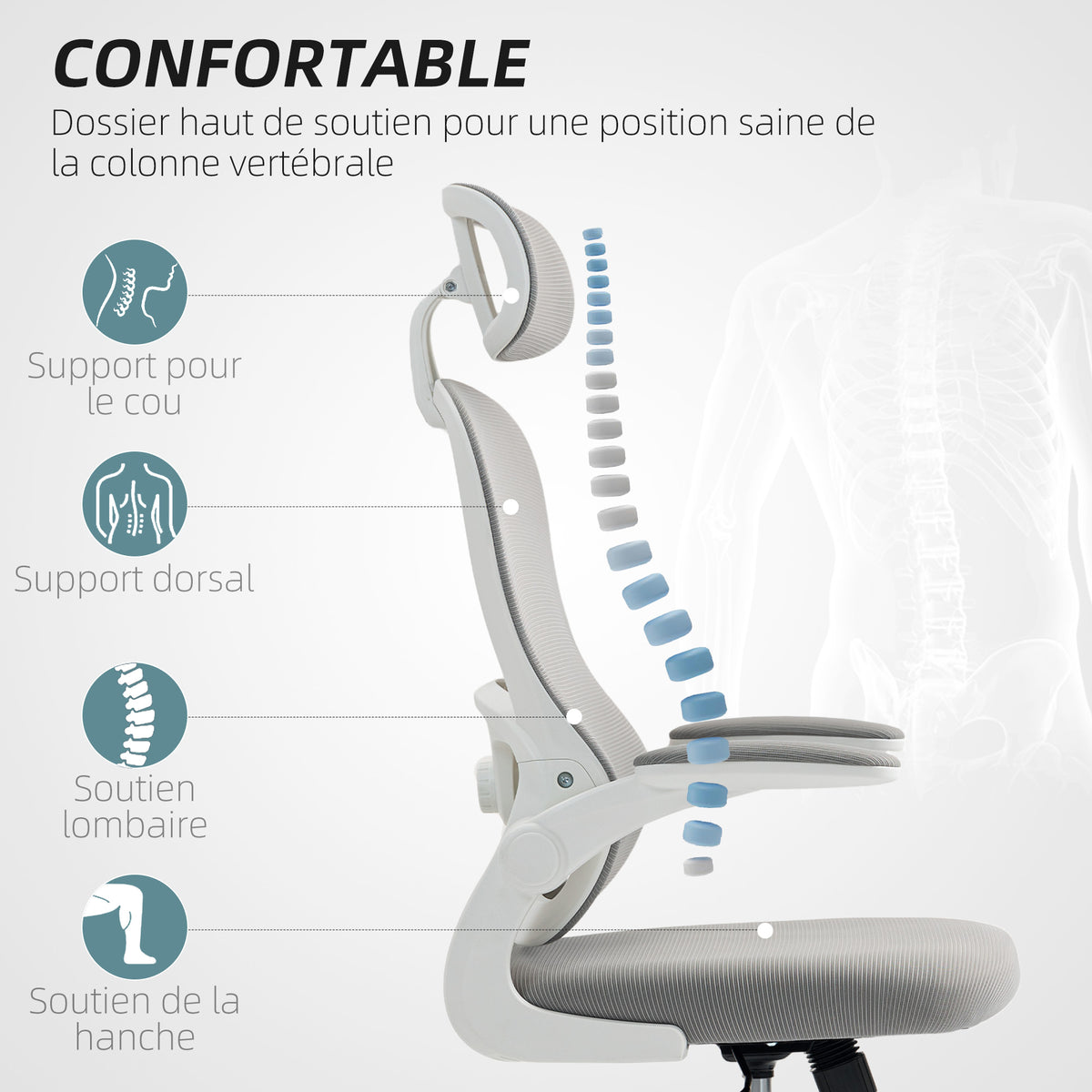 Chaise Bureau Ergonomique, Fauteuil de Bureau en Maille avec Accoudoirs Rabattables, Hauteur Réglable, 64x62x115cm, Gris-3
