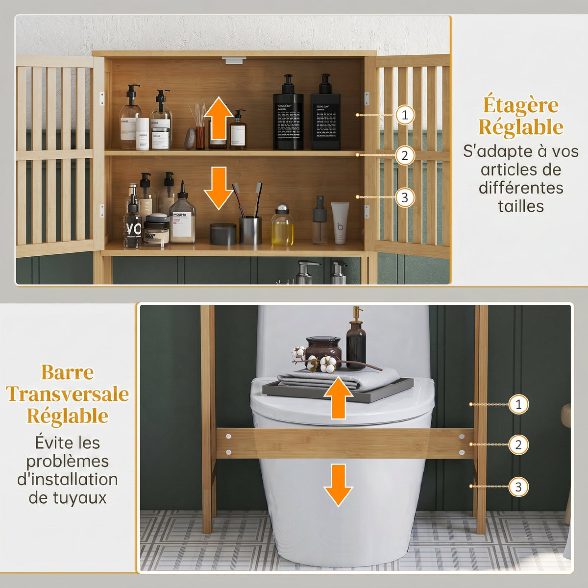Étagère de toilettes meuble de salle de bain dessus toilette WC avec placard 2 portes et étagère ouverte bambou-6