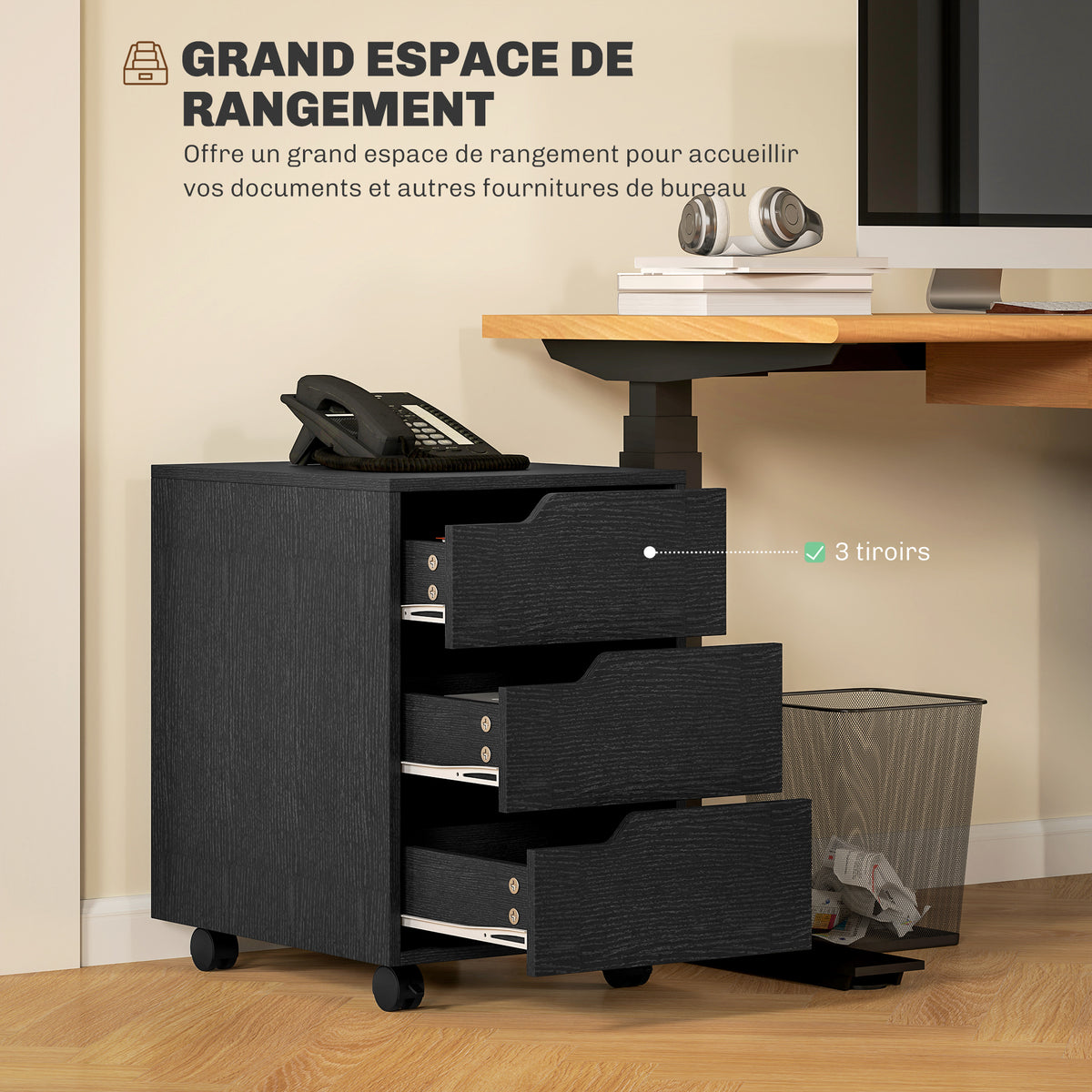 Caisson bureau mobile, meuble rangement bureau sur roulettes, 3 tiroirs, 40x50x57,5cm, noir-3