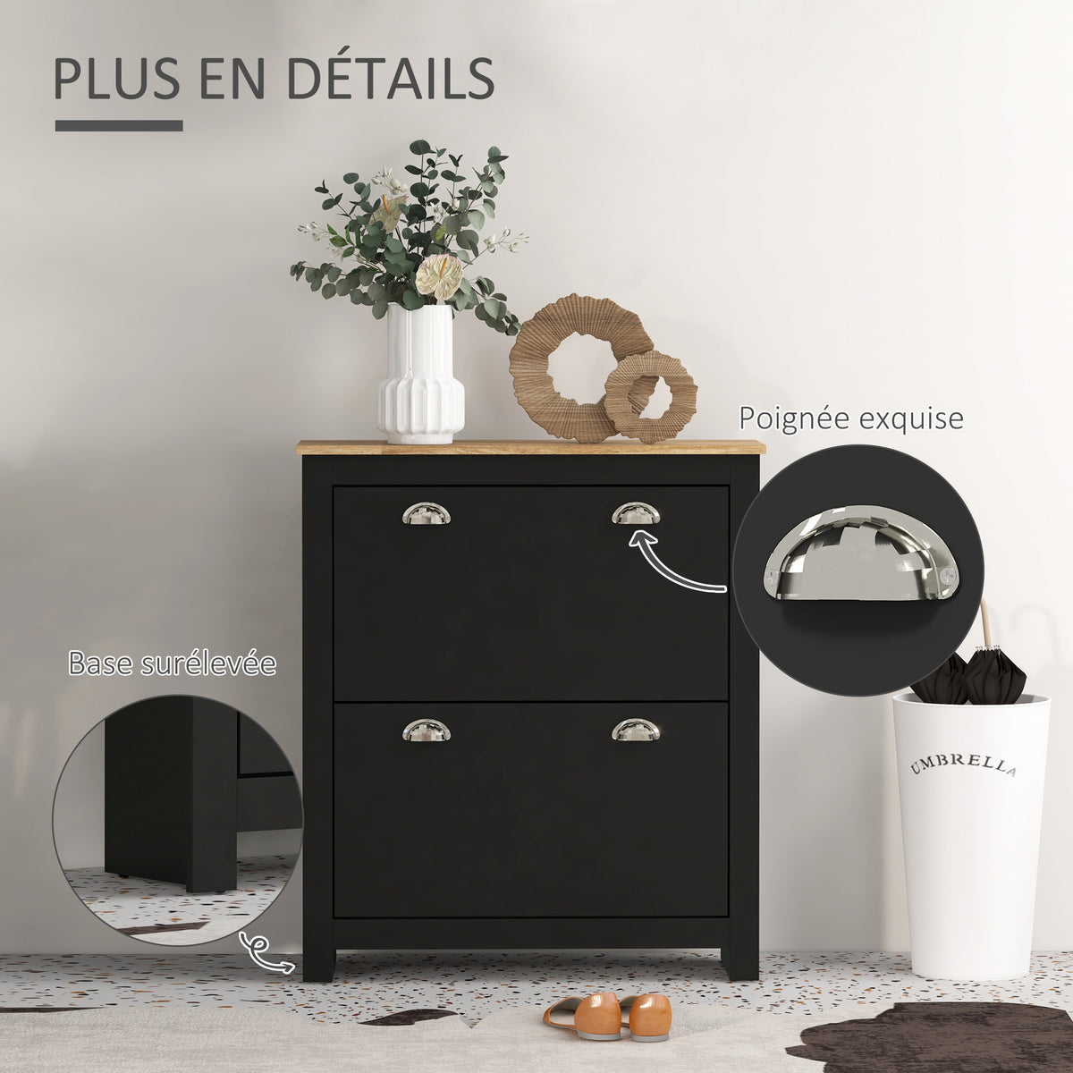 Armoire à chaussures 2 portes abattantes 2 compartiments poignées coquilles métal 79 x 23 x 90,5 cm noir chêne-5