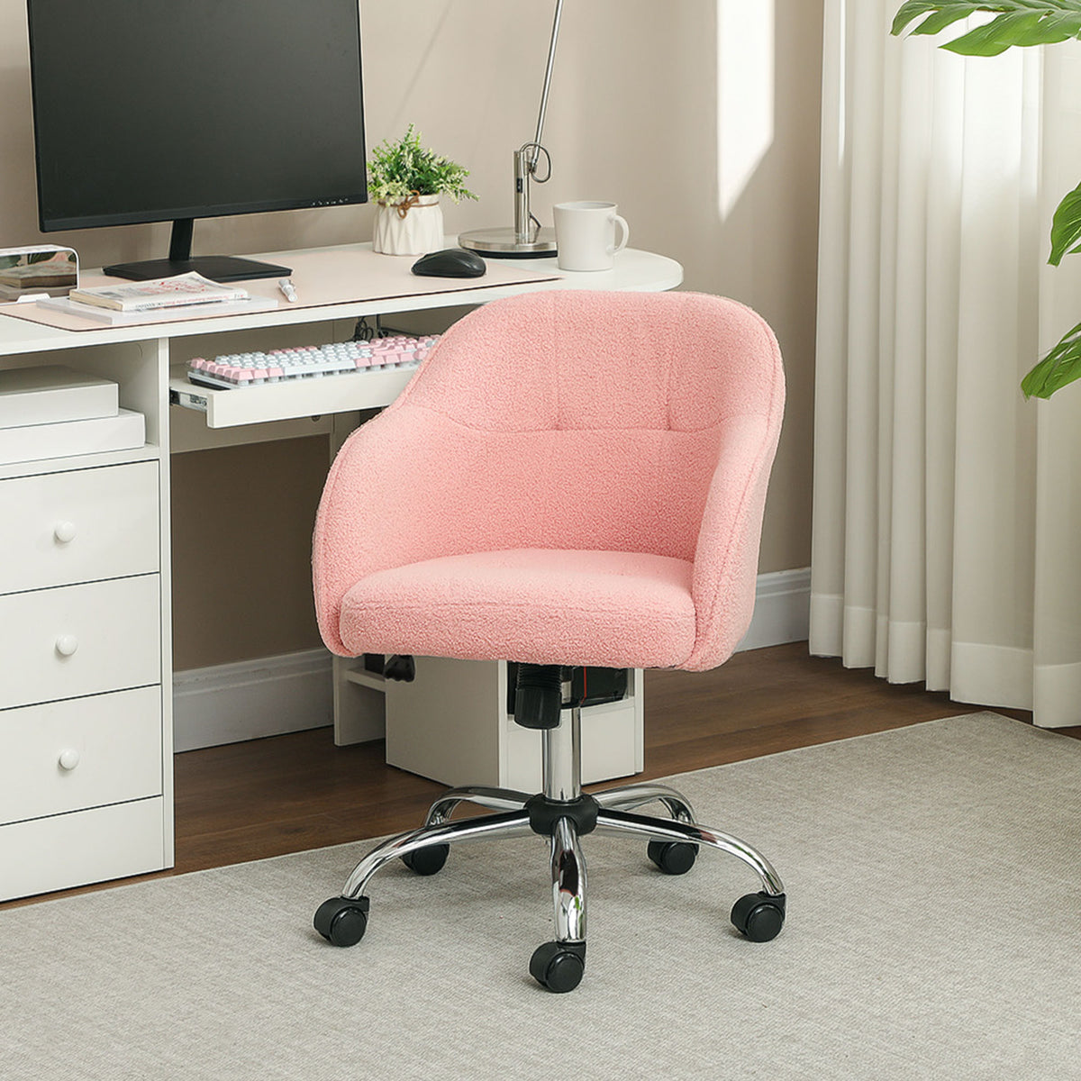 Chaise de bureau, fauteuil de bureau ergonomique, hauteur réglable, assise et dossier rembourrés, rose-9