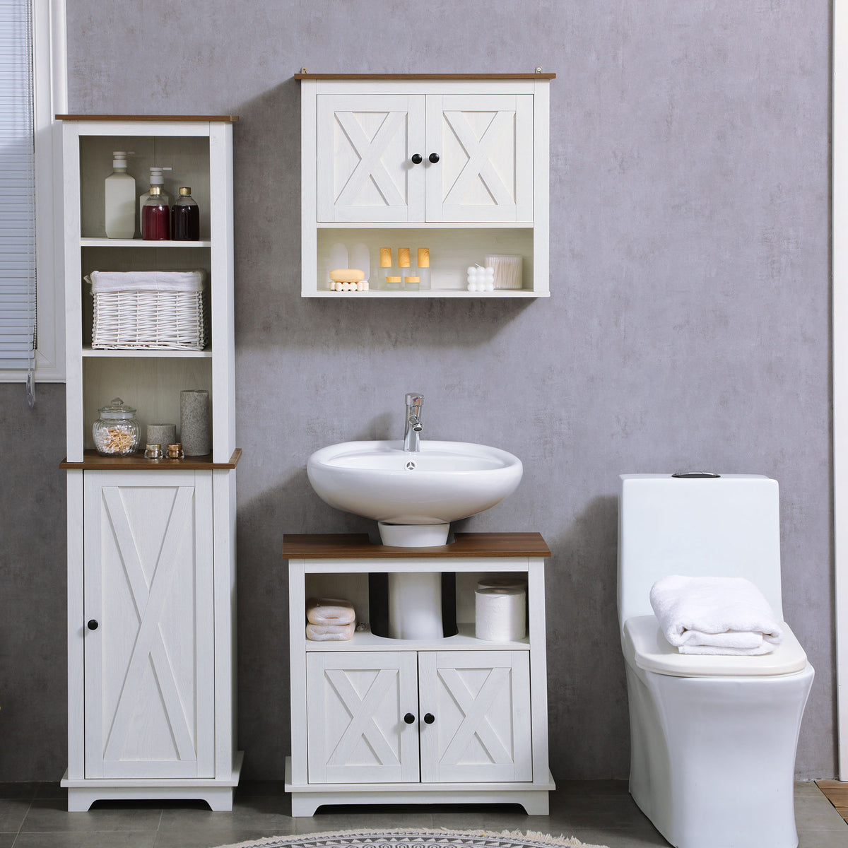 Armoire murale, armoire salle de bain avec placard à portess et compartiment ouvert, dim. 60 x 19,5 x 52,5 cm, blanc-6
