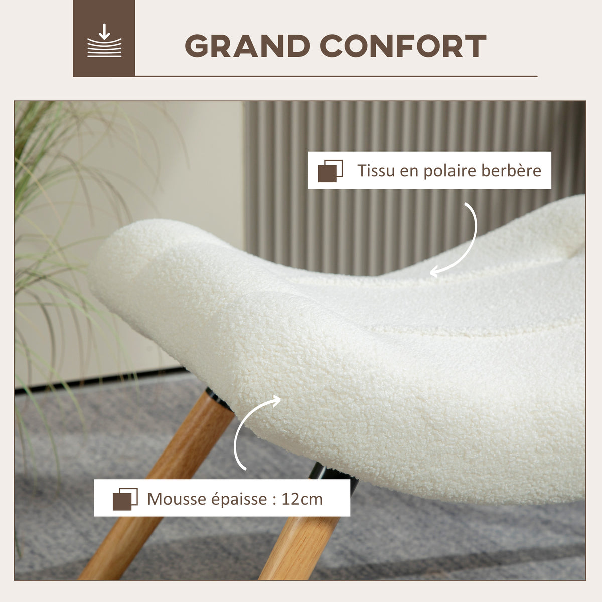 Repose pied salon ottoman pouf salon tabouret de canapé en tissu avec pieds en bois de hêtre, siège rembourré, crème-5