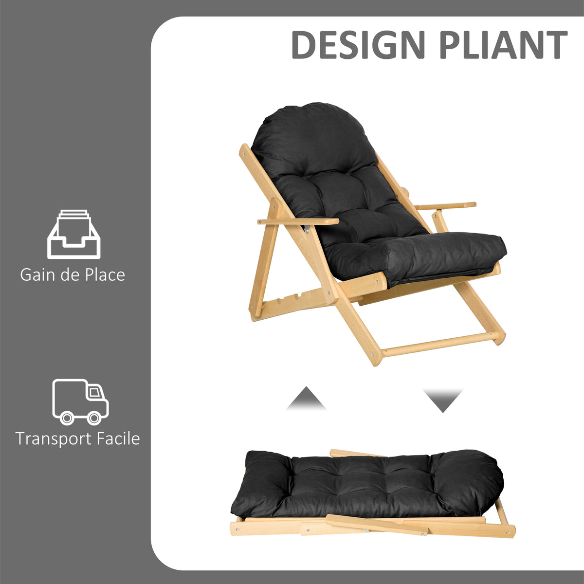 Fauteuil Chaise de Salon Pliable et inclinable en Bois Fauteuil Relax Confortable avec Coussin capitonné épais-5