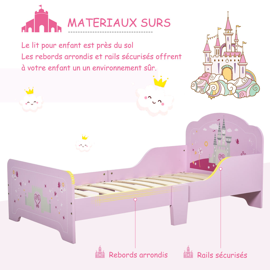 Lit Enfant 140 x 70 cm - lit d'enfant Design Princesse Motif château - sommier à Lattes Inclus - MDF Contre-plaqué Rose-4