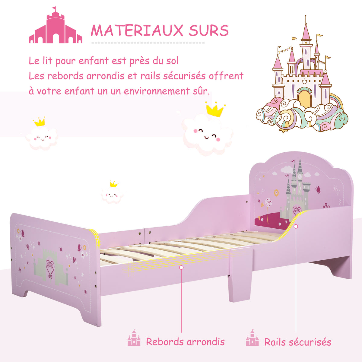 Lit Enfant 140 x 70 cm - lit d'enfant Design Princesse Motif château - sommier à Lattes Inclus - MDF Contre-plaqué Rose-4