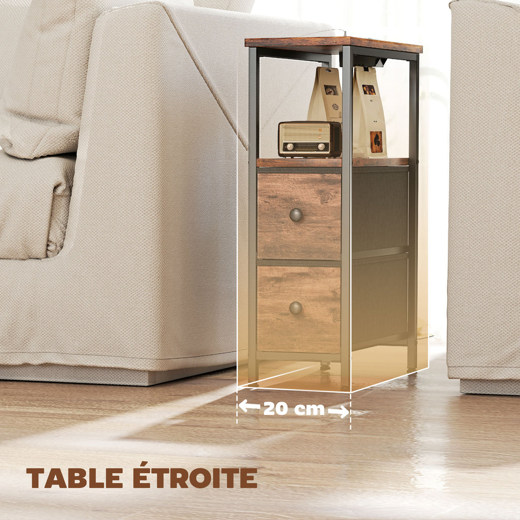 Table d'appoint avec station de charge, table de salon étroite avec 2 tiroirs en tissu, étagère ouverte, brun rustique-6