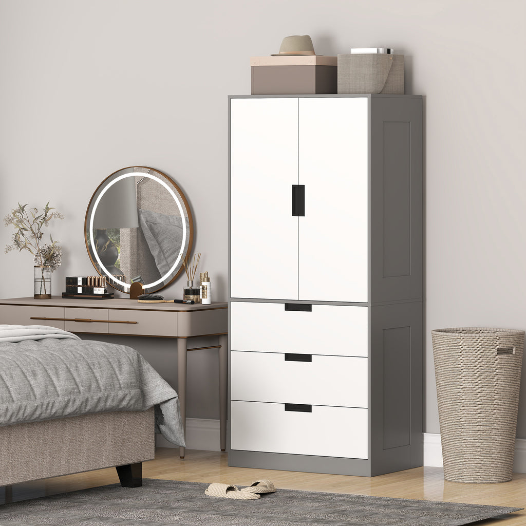 Armoire chambre penderie avec 2 portes à fermeture douce, 3 tiroirs et barre de suspension, 80x50x180cm, gris et blanc-7