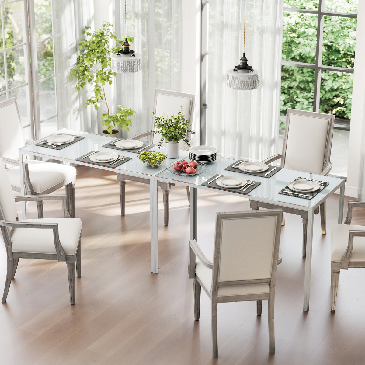 Table à manger pour 4 personnes, table de cuisine avec plateau en verre trempé et pieds en métal, 120x60x75cm, blanc-8