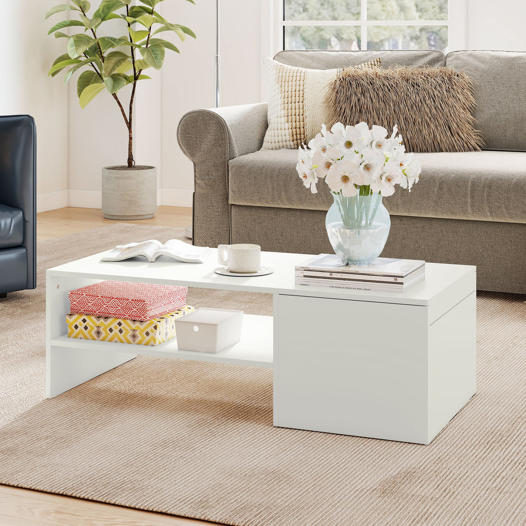 Table basse rectangulaire, table d'appoint plateau coulissant, rangement caché, étagère ouverte, 110 x 52 x 36 cm, blanc-1