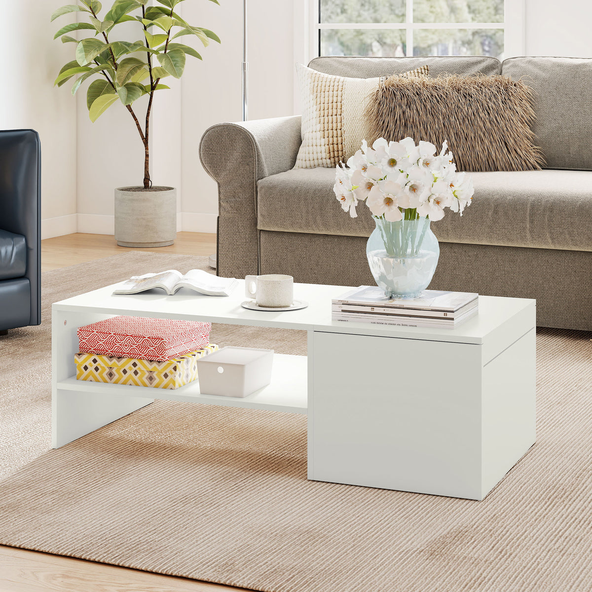 Table basse rectangulaire, table d'appoint plateau coulissant, rangement caché, étagère ouverte, 110 x 52 x 36 cm, blanc-1