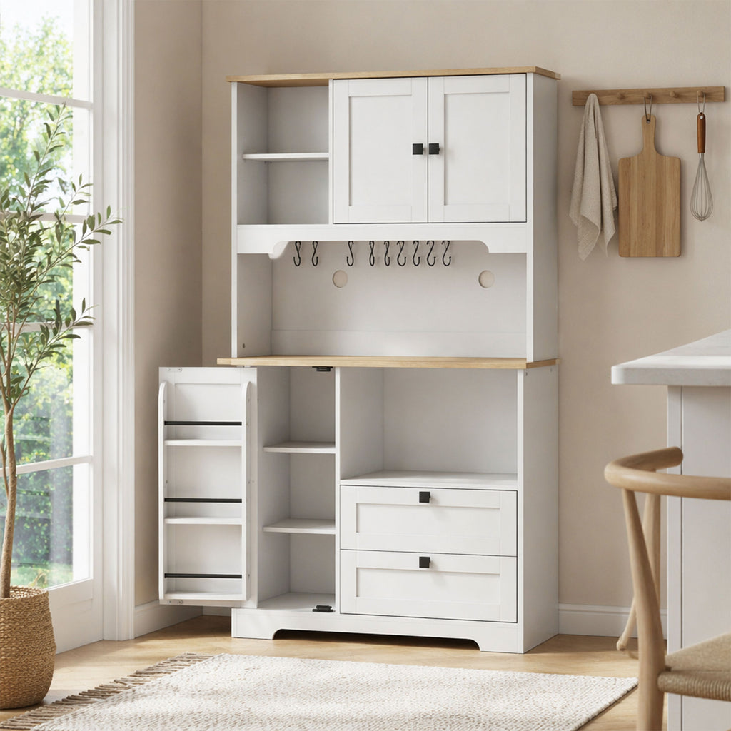 Buffet Haut Cuisine, Armoire Cuisine avec 3 Portes, 2 Tiroirs, Plan de Travail, Compartiments Ouverts, Blanc-1
