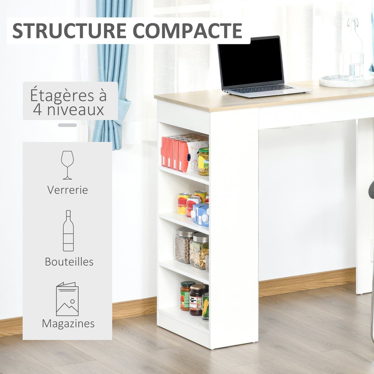 Table de bar pour 2 personnes, table haute mange debout avec 4 étagères ouvertes, 115x50x102,7cm, blanc et bois naturel-3