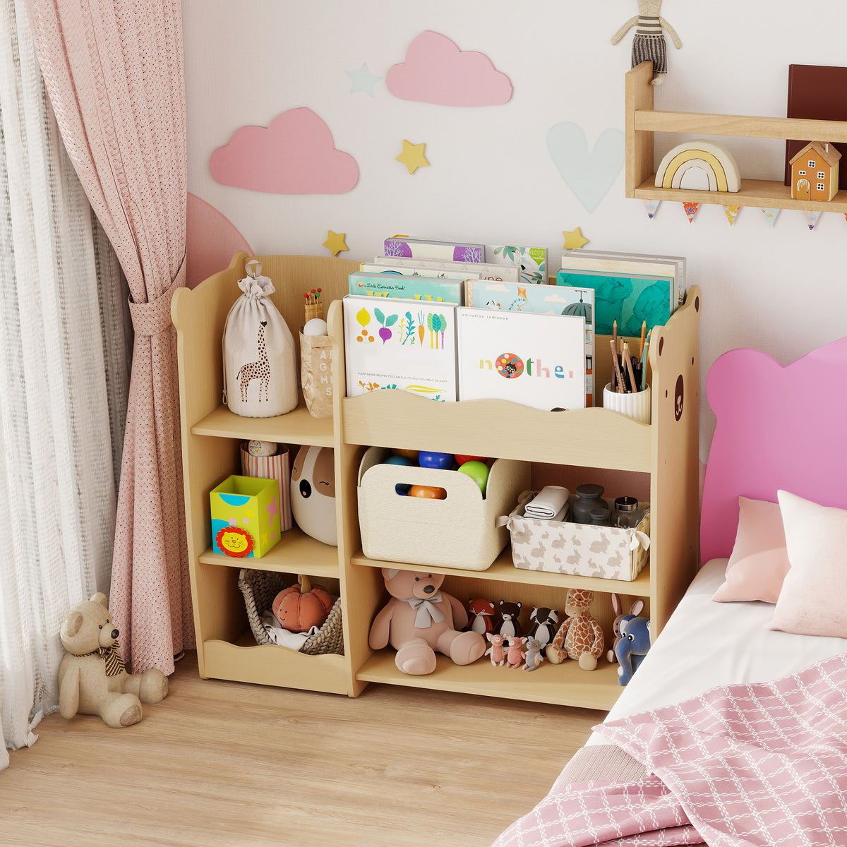 Meuble rangement enfant 3 niveaux, étagère de rangement pour jouets enfants avec étagères ouvertes, 92x29x79cm, naturel-7