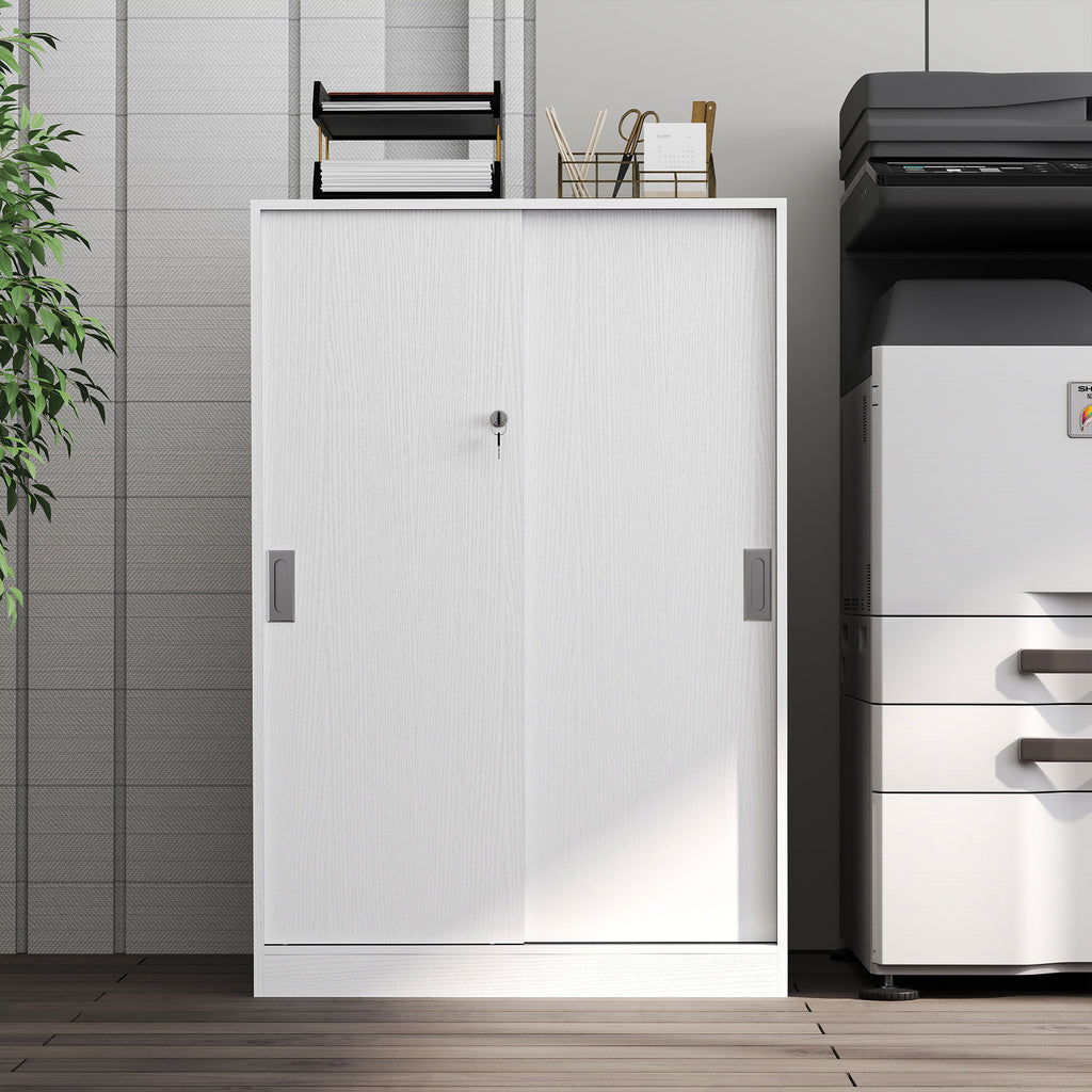 Armoire de Bureau 2 Portes coulissantes verrouillables dim. 80L x 40l x 120H cm 2 étagères en Bois Blanc-6