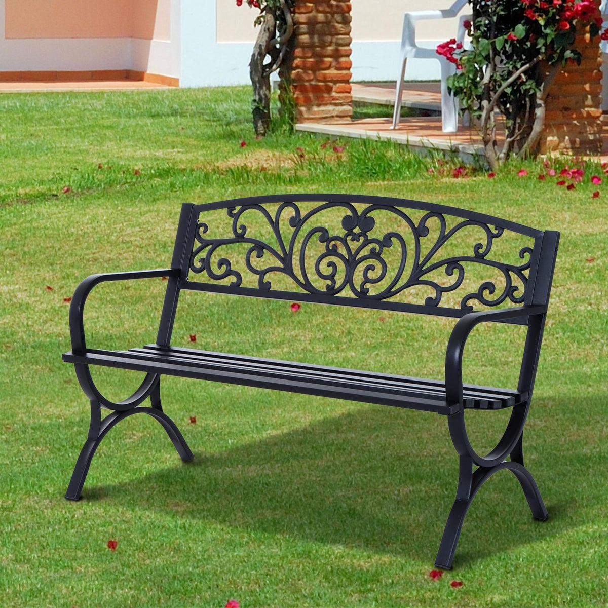 Banc de jardin terrasse en acier fonte noir 3 places 127 x 60 x 85 cm charge max 240 Kg-9