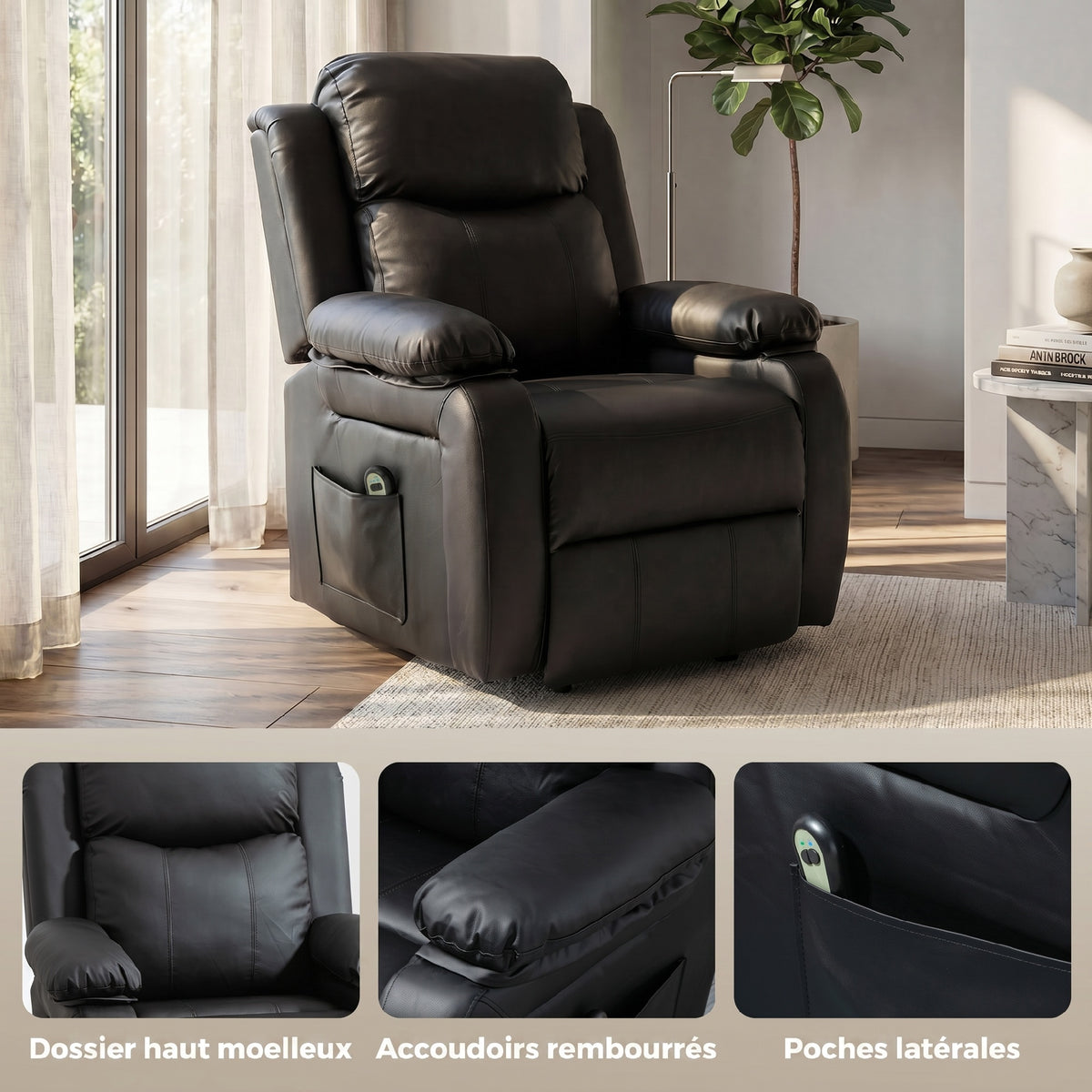 Fauteuil releveur électrique fauteuil relax électrique avec repose-pied télécommande et 2 pochettes 76x90x105cm noir-6