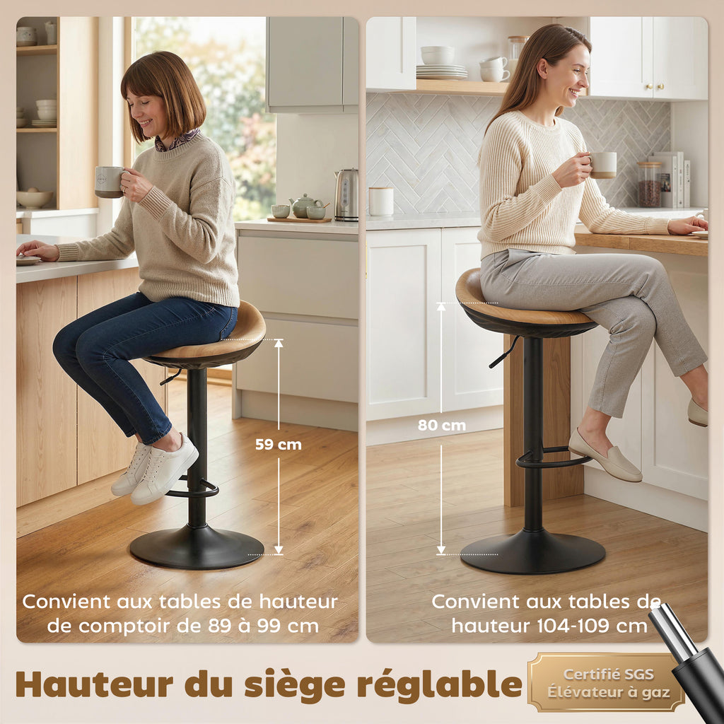 Lot de 2 tabourets de bar, chaises de bar réglables en hauteur avec repose-pieds, pivotant 360°, base en acier, chêne-5