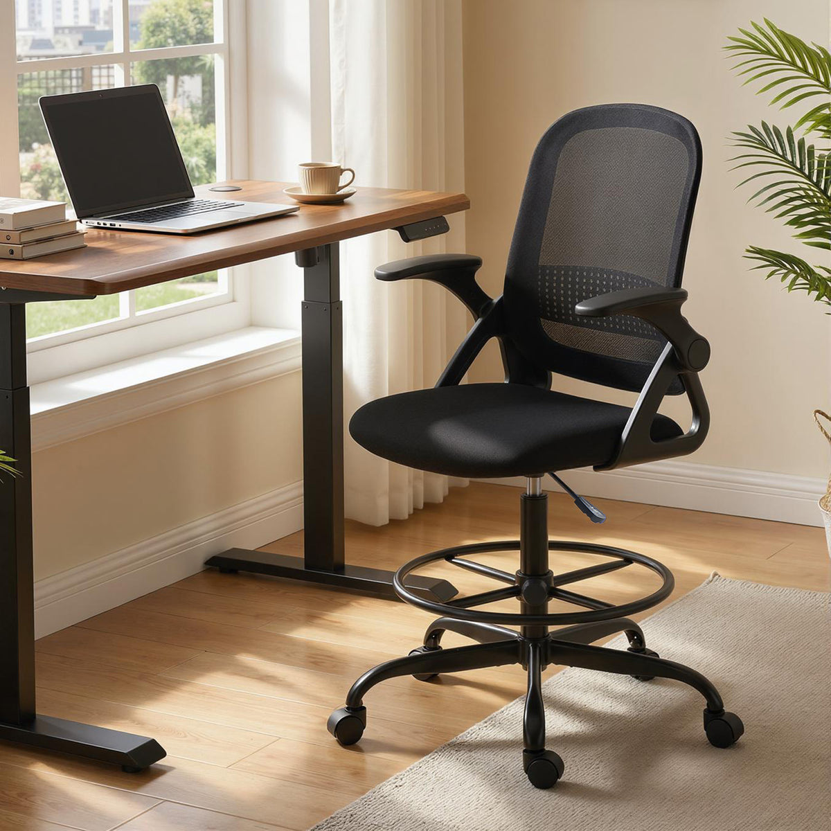 Chaise de bureau en maille, chaise d'ordinateur avec accoudoirs rabattables, hauteur réglable, repose-pieds, noir-1