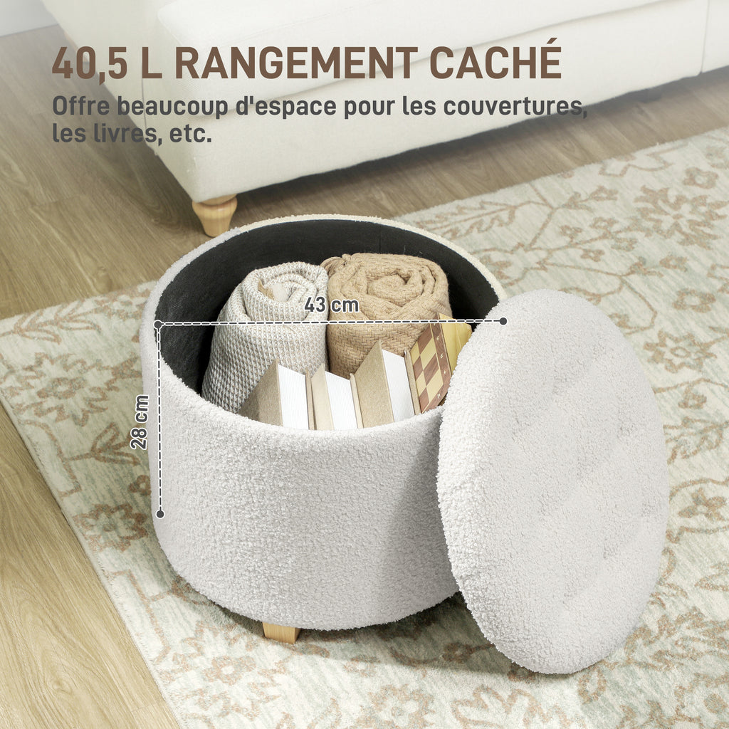 Pouf coffre rangement, tabouret rond, pouf repose-pieds en tissu bouclette, charge 120 Kg, Ø 45 x 41 cm, blanc-3