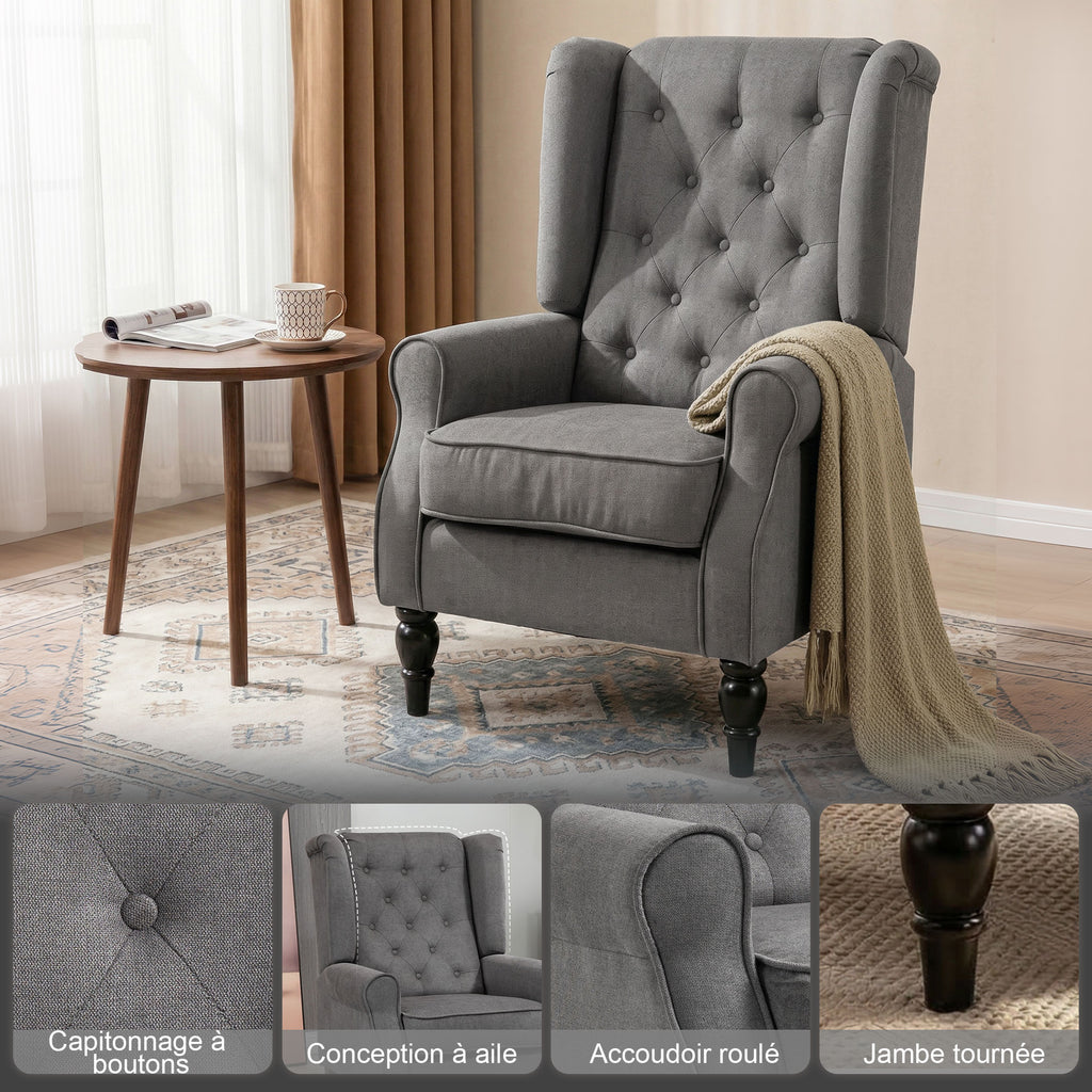 Fauteuil de Salon, Fauteuil d'Appoint Mi-Siècle Moderne en Velours avec Haut Dossier Capitonné à Oreilles, Gris-3