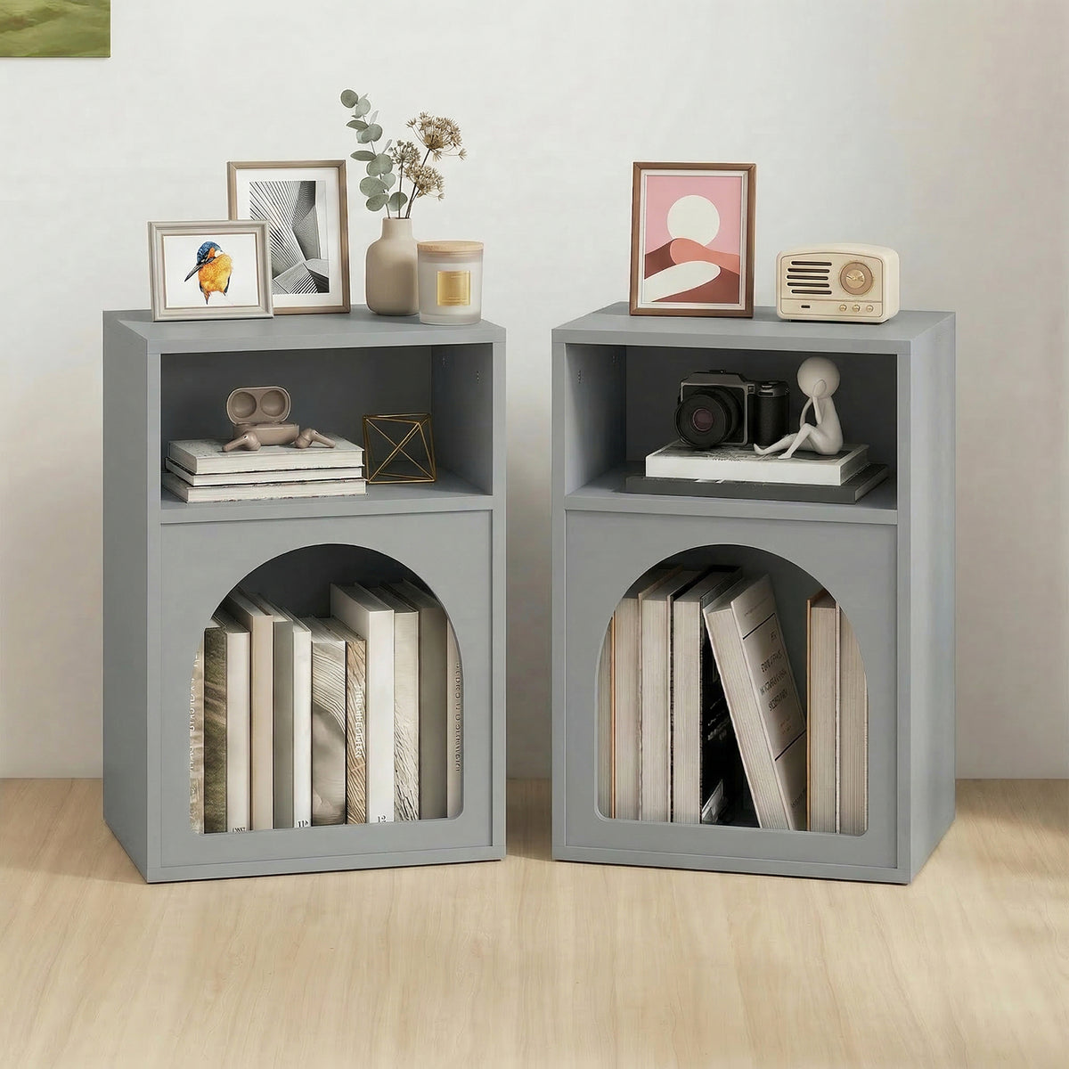Lot de 2 tables de chevet, table de nuit avec compartiments ouverts, design arqué, 40 x 30 x 60 cm, gris-1