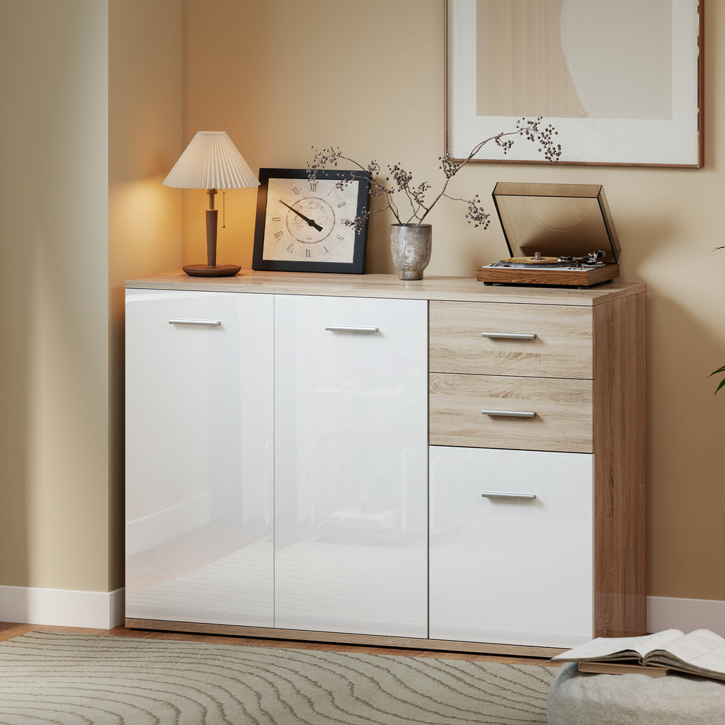 Buffet salon, meuble de rangement avec 2 tiroirs, 3 portes et étagère réglable, 106 x 35 x 76 cm, blanc et bois naturel-9