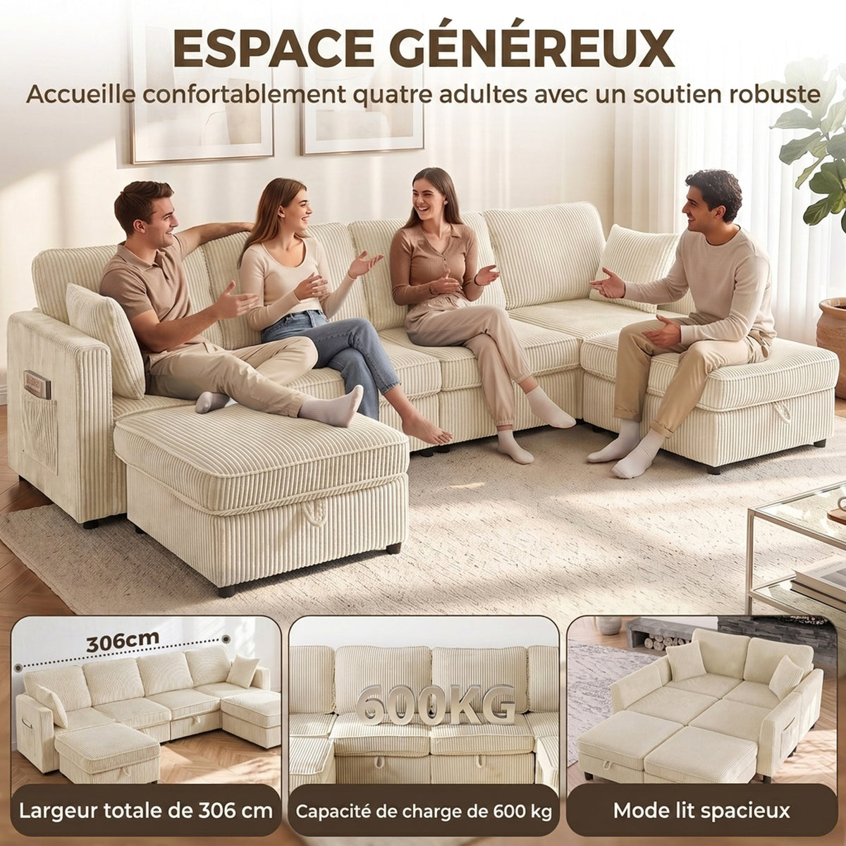 Canapé 4 Places avec 2 Poufs de Rangement, Canapé d'Angle Modulable en U 306 cm en Velours Côtelé, 4 Coussins, Crème-3