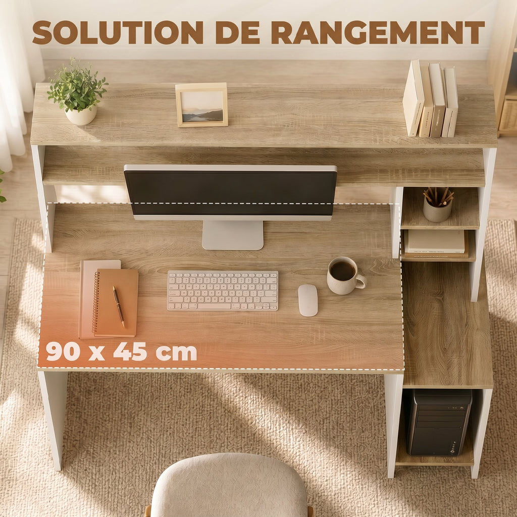 Bureau Informatique, 114 x 45 x 138 cm, Bureau avec Rangement, Étagères Ouvertes et Support UC, Blanc et Bois Naturel-4