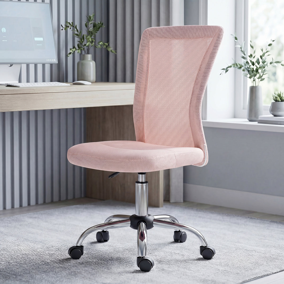 Chaise de bureau ergonomique hauteur réglable piètement chromé pivotant 360° revêtement maille rose-1