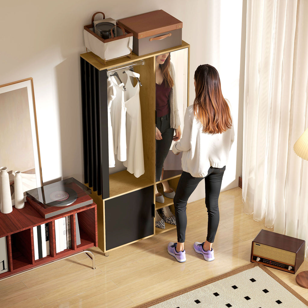Armoire chambre penderie avec miroir, compartiments ouverts, placard et tringle de suspension, 80 x 30 x 170 cm, naturel-8