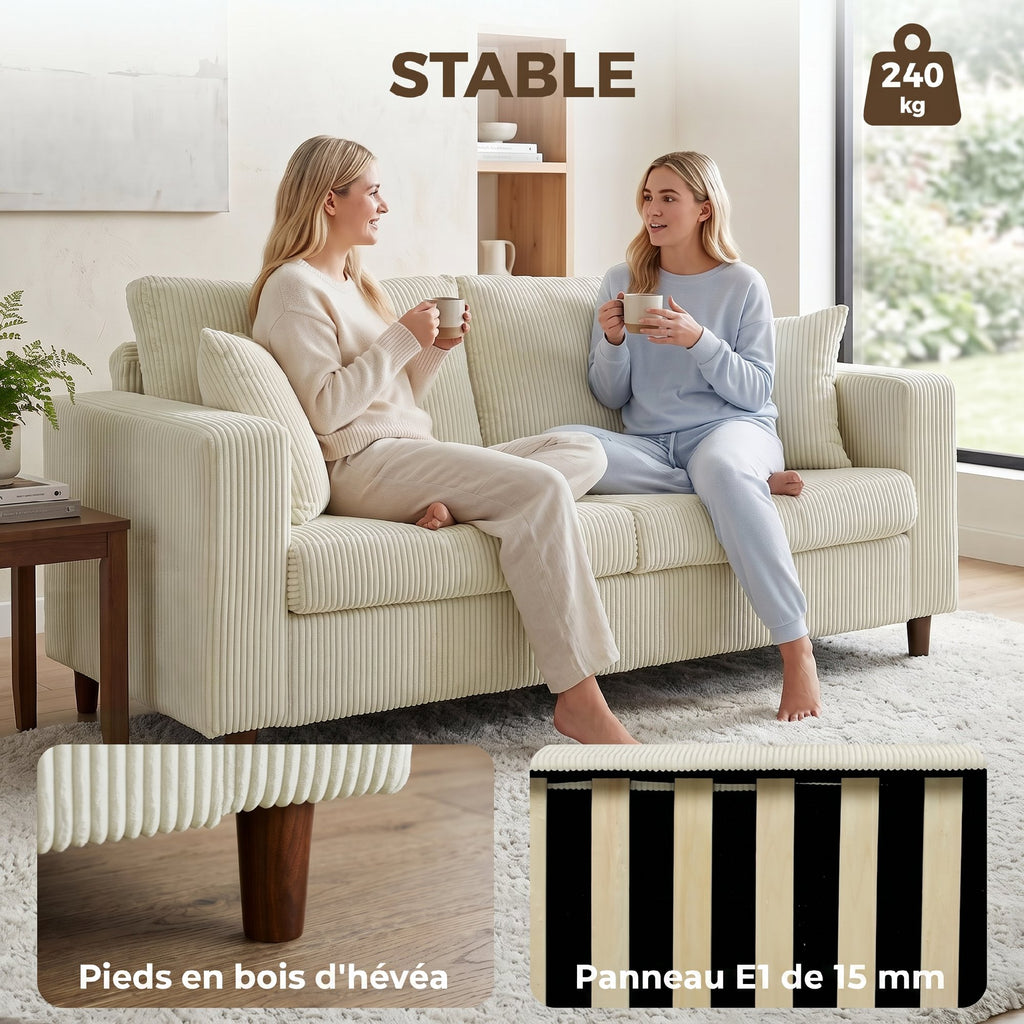 Canapé 2 Places en Velours Côtelé, Canapé de Salon Moderne 170 cm, Assise Large, Coussin à Ressorts, Crème-6